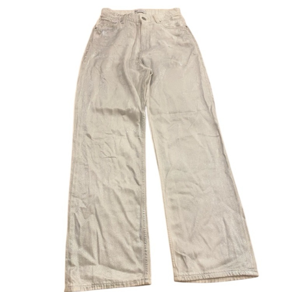 Zara Women’s White Wide Leg Silver Shimmer Party Festive Jeans New size 4